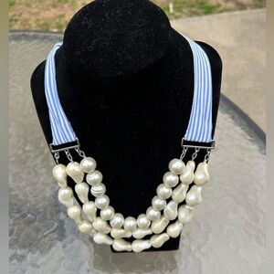 Talbots New triple strand stripe ribbon necklace baroque pearls